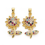 Brass Micro Pave Cubic Zirconia Pendants, Nickel Free, Sunflower, Real 16K Gold Plated, 25.5x16.5x5mm, Hole: 2.5x5mm(KK-Q252-074-NF)