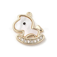 Brass Micro Pave Clear Cubic Zirconia Pendants, with Natural White Shell, Wooden Horse, Real 18K Gold Plated, 13x11x2mm, Hole: 0.8mm(KK-A207-07G)