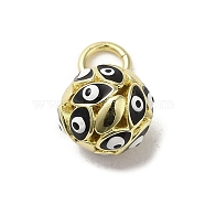 Brass Enamel Charms, with Jump Ring, Real 18K Gold Plated, Round with Evil Eye Charm, Black, 12.5x10mm, Hole: 3.6mm(KK-E092-12G-07)