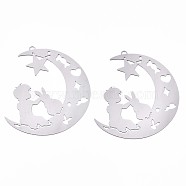 201 Stainless Steel Filigree Pendants, Etched Metal Embellishments, Moon with Star & Boy & Rabbit, Stainless Steel Color, 39x32x0.3mm, Hole: 1mm(X-STAS-S118-012P)