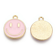 Light Gold Tone Alloy Enamel Pendants, Flat Round with Smiling Face Charms, Pink, 19x16x1.5mm, Hole: 1.8mm(ENAM-N056-197B)