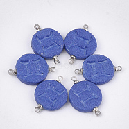 Handmade Porcelain Links connectors, Frosted, with Brass Findings, Flat Round with Constellation, Platinum, Blue, Gemini, 22x15~15.5x3mm, Hole: 1.5mm(PORC-T002-124A)
