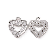 Brass Micro Pave Cubic Zirconia Charm, with Jump Rings, Hollow Heart Charm, Platinum, 9.5x8.5x1.5mm, Hole: 1.2mm(KK-E068-VF183)