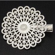 Iron Hair Clip, with Brass Flower Tray, Silver Color Plated, 38x39~45mm(PHAR-B015-S)