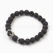 Natural Lava Rock Beads Stretch Bracelets, with Alloy Findings, Crown, Burlap Packing, Antique Silver, 2-1/8 inch(5.3cm), Bag: 12x8.5x3cm(BJEW-JB03850-03)