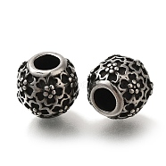 304 Stainless Steel European Beads, Large Hole Beads, Round with Flower, Antique Silver, 9.5x9mm, Hole: 4mm(STAS-D191-07C-AS)