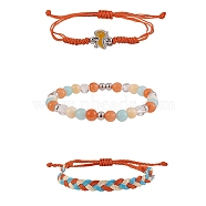 Waxed Polyester String Braided Cord Bracelets Set, Natural Mixed Stone Bracelets with Dinosaur for Women, Orange, Inner Diameter: 1-3/4~3-3/4 inch(2~9.5cm), 3pcs/set(BJEW-SW00032-04)