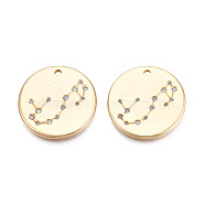 Brass Micro Pave Cubic Zirconia Pendants, Real 18K Gold Plated, Flat Round with Constellation, Cadmium Free & Nickel Free & Lead Free, Clear, 20x2mm, Hole: 1.5mm(KK-N216-392)