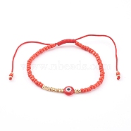Adjustable Nylon Cord Braided Bead Bracelets, with Glass Seed Beads, Evil Eye Lampwork Beads and Brass Beads, Golden, Red, Inner Diameter: 1-7/8~3-3/8 inch(4.8~8.5cm)(BJEW-JB06023-04)
