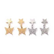 304 Stainless Steel Dangle Stud Earrings for Women, with Ear Nuts, 
304 Stainless Steel Butterfly with Star Dangle Stud Earrings for Women, Mixed Color, 20.5mm, Pin: 0.8mm(EJEW-G328-09)