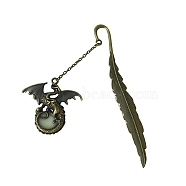 Luminous Alloy Bookmarks, Glow in the Dark Feather Bookmarks, Dragon Pendant Book Marker, with Cable Chains, Antique Bronze, 115mm(OFST-PW0002-016AB)