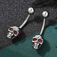 Skull 316 Surgical Stainless Steel Red Cubic Zirconia Belly Button Rings, Piercing Navel Rings, Curved Barbell Body Jewelry for Women, Antique Silver, 25.5x7x8mm(EJEW-G416-34AS)