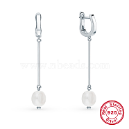 Rhodium Plated 925 Sterling Silver Dangle Hoop Earrings, Natural Pearl Long Drop Earrings, Platinum, 65mm(PQ2201)