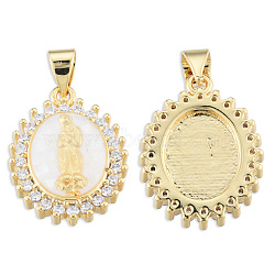 Brass Micro Pave Clear Cubic Zirconia Pendants, with Enamel and Shell, Real 18K Gold Plated, Nickel Free, Oval with Virgin Mary, Creamy White, 19.5x14.5x4mm, Hole: 3x4mm(KK-N227-92D)