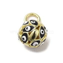 Brass Enamel Charms, with Jump Ring, Real 18K Gold Plated, Round with Evil Eye Charm, Black, 12.5x10mm, Hole: 3.6mm(KK-E092-12G-07)