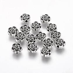 Tibetan Style Alloy Beads, Lead Free and Cadmium Free, Flower, Great for Mother's Day Gifts making, Antique Silver, about 7mm in diameter, 4mm thick, hole: 1mm(X-LF0590Y)
