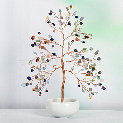 Undyed Natural Gemstone Chips Tree of Life Display Decorations, with Porcelain Bowls, Copper Wire Wrapped Feng Shui Ornament for Fortune, 145x205mm(TREE-PW0001-23E)