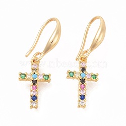 Brass Micro Pave Cubic Zirconia Dangle Earrings, Cross, Colorful, Golden, 29mm, Pin: 1mm(EJEW-F233-02G)