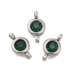 304 Stainless Steel Single Rhinestone Connector Charms, Flat Round Links, Stainless Steel Color, Emerald, 12x6.5x4mm, Hole: 2mm(STAS-E194-13P-01)