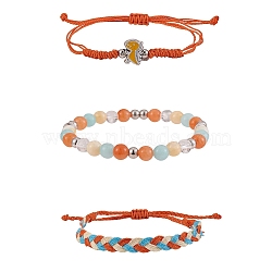 Waxed Polyester String Braided Cord Bracelets Set, Natural Mixed Stone Bracelets with Dinosaur for Women, Orange, Inner Diameter: 1-3/4~3-3/4 inch(2~9.5cm), 3pcs/set(BJEW-SW00032-04)