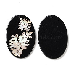 Opaque Flower Pattern Acrylic Pendants, with Shell, Black, Oval, 40x26.5x2.4mm, Hole: 1.8mm(BACR-D001-01I)