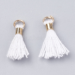 Polycotton(Polyester Cotton) Tassel Pendant Decorations, Mini Tassel, with Brass Findings, Light Gold, White, 10~15x3~4mm, Hole: 2mm(FIND-S275-32G)