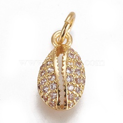 Brass Micro Pave Cubic Zirconia Charms, Cowrie Shell, Clear, Golden, 12.5x7x3.5mm, Hole: 3mm(ZIRC-E145-80G)
