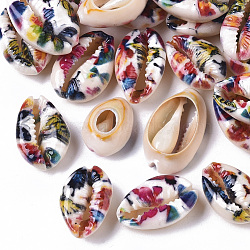 Printed Natural Cowrie Shell Beads, No Hole/Undrilled, with Flower Pattern, Colorful, 18~25x12~15x7mm(X-SSHEL-R047-01-C05)