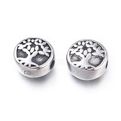 304 Stainless Steel Beads, Flat Round with Tree of Life, Antique Silver, 10x5.5mm, Hole: 1.8mm(STAS-F243-03AS)