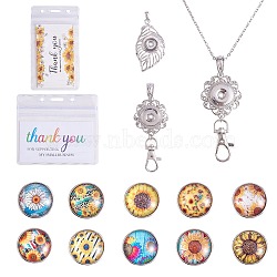 DIY Interchangable Pendant ID Card Holder Necklace Making Kit, Including Glass Snap Cabochon, Leaf Alloy Snap Base Settings, 304 Stainless Steel Cable Chains Necklaces, Sunflower Pattern, Snap Base Pendant: 58x33x5mm, Hole: 4x6mm(DIY-SZ0009-82C)