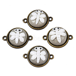 Handmade Porcelain Connector Charms, with Antique Bronze Plated Brass Findings, Famille Rose Style, Flat Round with Dragonfly, White, 25x19x8mm, Hole: 2mm(PORC-N004-148)