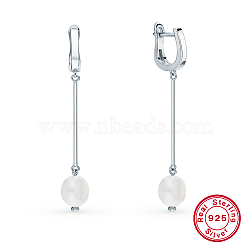 Anti-Tarnish Rhodium Plated 925 Sterling Silver Dangle Hoop Earrings, Natural Pearl Long Drop Earrings, Platinum, 65mm(PQ2201)