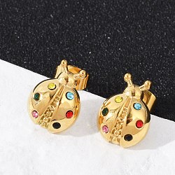 304 Stainless Steel Rhinestone Stud Earrings, Ion Plating(IP), Ladybug, Real 14K Gold Plated, 13.5x10mm(EJEW-G423-19G)