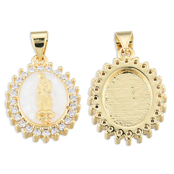 Brass Micro Pave Clear Cubic Zirconia Pendants, with Enamel and Shell, Real 18K Gold Plated, Nickel Free, Oval with Virgin Mary, Creamy White, 19.5x14.5x4mm, Hole: 3x4mm