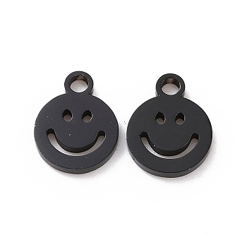Vacuum Plating 304 Stainless Steel Charms, Cut-Out, Manual Polishing, Hollow, Flat Round with Smile, Electrophoresis Black, 8x6x1mm, Hole: 0.8mm