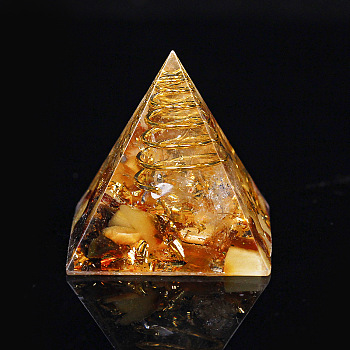 Orgonite Pyramid Resin Display Decorations, with Brass Findings, Gold Foil and Natural Yellow Jade Chips Inside, for Home Office Desk, 30mm