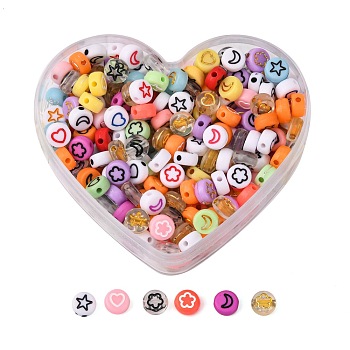 Transparent and Opaque Mixed Color Acrylic Beads, Metal Enlaced, Flat Round with Golden Star & Flower & Moon & Heart, Mixed Color, 7x3.5~4mm, Hole: 1.5~1.6mm, 35g/box