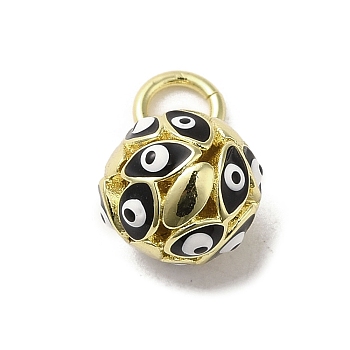 Brass Enamel Charms, with Jump Ring, Real 18K Gold Plated, Round with Evil Eye Charm, Black, 12.5x10mm, Hole: 3.6mm