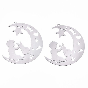 201 Stainless Steel Filigree Pendants, Etched Metal Embellishments, Moon with Star & Boy & Rabbit, Stainless Steel Color, 39x32x0.3mm, Hole: 1mm