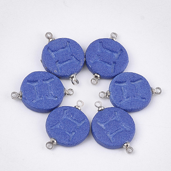 Handmade Porcelain Links connectors, Frosted, with Brass Findings, Flat Round with Constellation, Platinum, Blue, Gemini, 22x15~15.5x3mm, Hole: 1.5mm