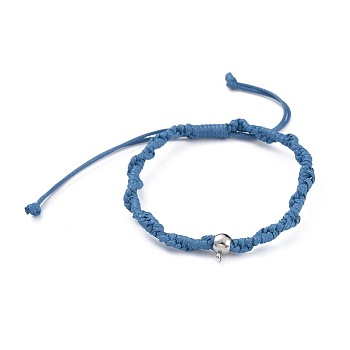 Unisex Adjustable Korean Waxed Polyester Cord Braided Bead Bracelets, with 304 Stainless Steel Tube Bails, Cornflower Blue, 2-1/4 inch~3-3/8 inch(5.6~8.5cm)