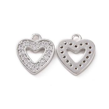 Brass Micro Pave Cubic Zirconia Charm, with Jump Rings, Hollow Heart Charm, Platinum, 9.5x8.5x1.5mm, Hole: 1.2mm