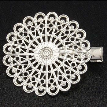 Iron Hair Clip, with Brass Flower Tray, Silver Color Plated, 38x39~45mm
