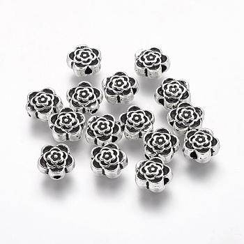 Tibetan Style Alloy Beads, Lead Free and Cadmium Free, Flower, Great for Mother's Day Gifts making, Antique Silver, about 7mm in diameter, 4mm thick, hole: 1mm