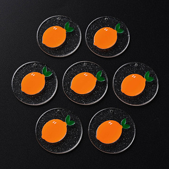 Cellulose Acetate(Resin) Pendants, with Glitter Powder, Flat Round with Lemon, Dark Orange, 30x4mm, Hole: 1.4mm