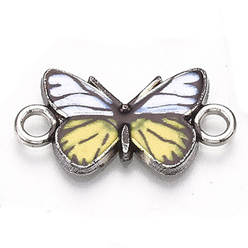 Printed Alloy Connector Charms, with Enamel, Butterfly Link, Cadmium Free & Lead Free, Platinum, Champagne Yellow, 12x23x2mm, Hole: 2.5mm