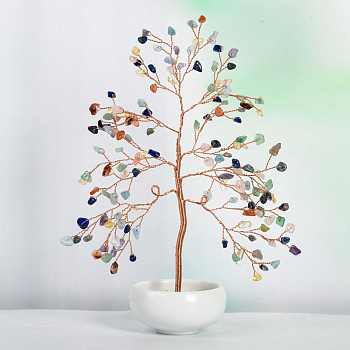 Undyed Natural Gemstone Chips Tree of Life Display Decorations, with Porcelain Bowls, Copper Wire Wrapped Feng Shui Ornament for Fortune, 145x205mm