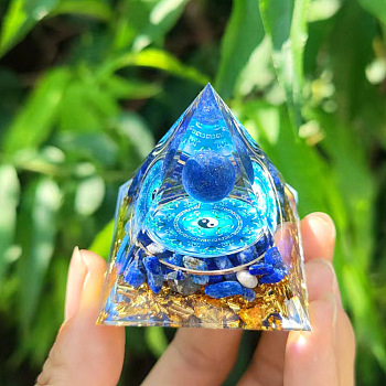 Resin Orgonite Pyramid Home Display Decorations, with Natural Gemstone Chips, Cyan, 60x60x60mm