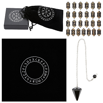 Flannelette Square Altar Tarot Tablecloth, with Cloth Packing Pouches Drawstring Bags, Arrow Shaped Wood Runes Cutouts & Natural Black Stone Drowsing Pendulum, Black