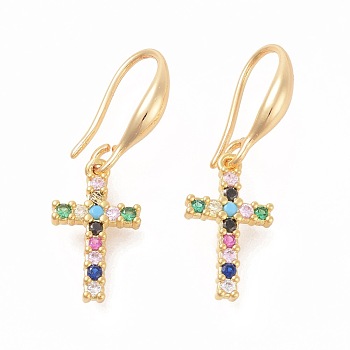 Brass Micro Pave Cubic Zirconia Dangle Earrings, Cross, Colorful, Golden, 29mm, Pin: 1mm